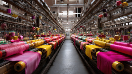 A vibrant scene inside a textile factory featuring colorful threads and spools arranged along weaving machines, showcasing the intricate process of fabric creation.の素材