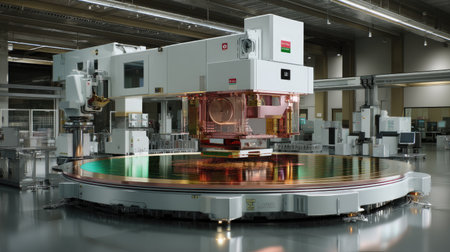 This high-tech image showcases advanced semiconductor manufacturing equipment in a clean room, highlighting the precision and automation in electronic fabrication processes.の素材