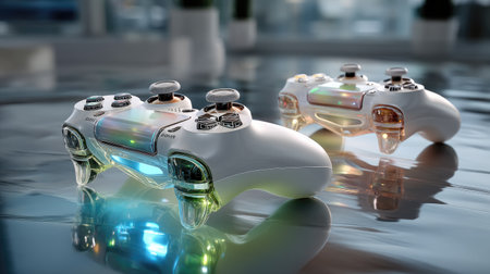 This image features two modern game controllers with colorful LED lights, resting on a reflective surface, showcasing innovative design and advanced technology.の素材