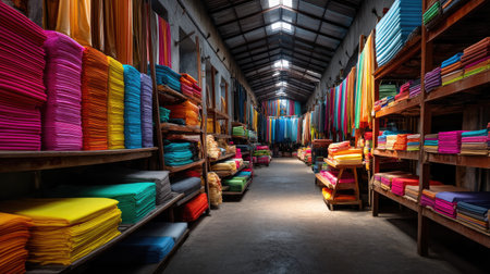 An interior view of a vibrant textile warehouse showcases neatly stacked colorful fabrics on shelves, creating an inspiring workspace with an artistic atmosphere.の素材