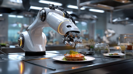 A state-of-the-art robotic arm artfully plating a gourmet dish in a contemporary kitchen, showcasing the future of automated culinary technology and innovation.の素材
