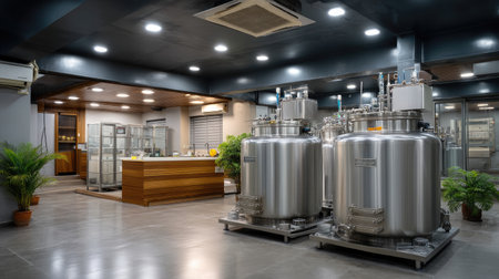 A modern industrial interior highlights prominent stainless steel storage tanks in a clean, well-lit space, emphasizing functionality and professionalism.の素材