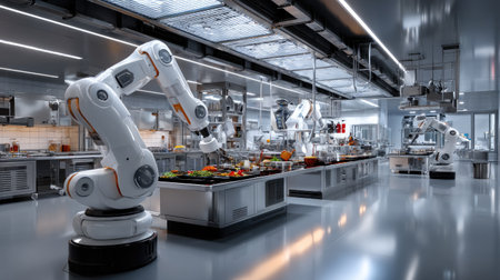 This image showcases an advanced robotic kitchen featuring automated machines engaged in food preparation. The sleek, modern design emphasizes efficiency and cleanliness in culinary innovation.の素材