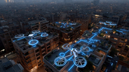 A captivating night view of a futuristic cityscape featuring drones and neon pathways, showcasing advanced technology and modern urban life.の素材