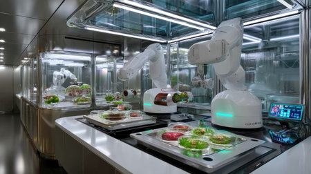 This image depicts advanced robotics in a modern kitchen environment, showcasing automated systems preparing gourmet dishes with precision and innovative technology.の素材