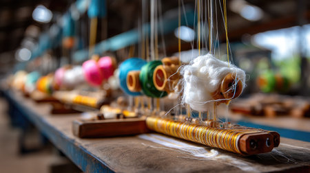 A vivid display of colorful spools of thread arranged on a wooden surface in a textile workshop, showcasing the artistry and machinery involved in fabric creation.の素材