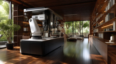 A sleek robotic arm positioned in a modern home office setting showcasing a wooden interior illuminated by natural light. The design emphasizes innovation.の素材
