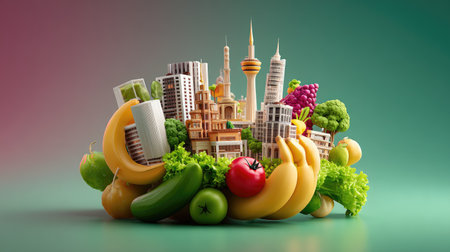 A unique composition showcasing a vibrant mix of fresh vegetables and urban architecture, highlighting the connection between nature and city life.の素材
