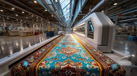 This image showcases a modern textile manufacturing facility featuring advanced rug printing technology. The spacious environment highlights vibrant colors and intricate patterns, embodying the fusion of innovation and craftsmanship in the textile industry.の素材