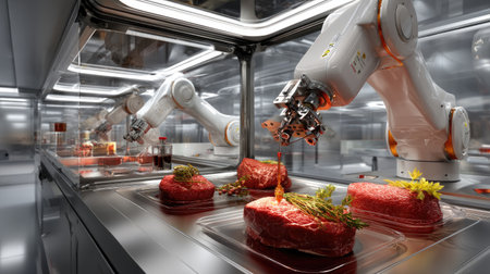 A futuristic food processing facility showcases advanced robots handling meat preparation and packaging, emphasizing innovation, hygiene, and efficiency.の素材