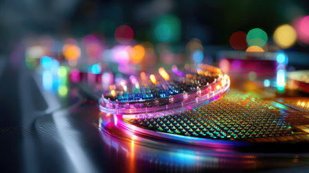 A stunning close-up view of colorful audio equipment illuminated by dynamic lights, capturing the essence of music and creativity in a vibrant atmosphere.の素材