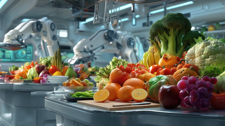 A futuristic kitchen showcasing advanced robotics preparing and displaying an array of fresh fruits and vegetables on sleek counters, highlighting innovation.の素材