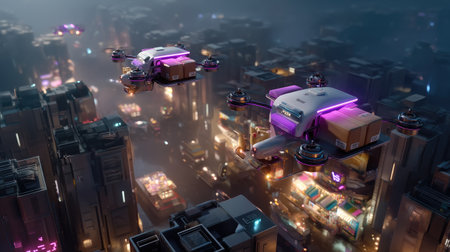 This stunning image showcases futuristic delivery drones flying over a vibrant neon cityscape at night, highlighting advanced technology and dynamic urban life.の素材
