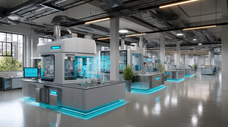A spacious modern laboratory featuring advanced technology and high-tech equipment, designed for innovative research and scientific exploration in a clean environment.の素材