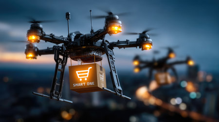 Futuristic drones carrying packages navigate an urban landscape at dusk, representing innovative delivery solutions in modern commerce and logistics.の素材
