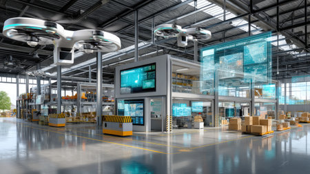 This image showcases a futuristic warehouse featuring automated drones, advanced monitoring systems, and efficient storage solutions, exemplifying modern industrial design.の素材