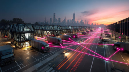A dynamic logistics hub showcases connected trucks navigating through an urban landscape at sunset. The vibrant scene illustrates the intersection of technology and transportation, highlighting modern infrastructure and efficient distribution strategies.の素材