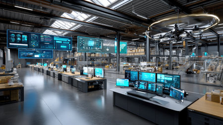 A modern industrial warehouse showcasing multiple advanced display screens and organized workstations, emphasizing technology and efficiency in operations.の素材
