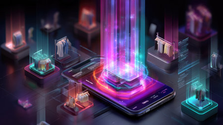 Explore a dynamic digital shopping experience displayed on a smartphone, featuring holographic clothing items emerging from the screen in a futuristic setting.の素材