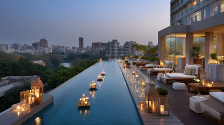 A serene rooftop pool scene at dusk, adorned with glowing candles and a stunning city skyline backdrop, perfect for relaxation and leisure.の素材