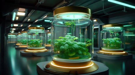A captivating view of a futuristic laboratory showcasing vibrant green plants in illuminated glass jars, highlighting innovative research and technology.の素材