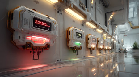 This image showcases advanced futuristic storage units in a sleek sci-fi environment, featuring colorful status indicators and modern design elements, creating a vibrant atmosphere.の素材