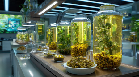 A modern laboratory setting highlights advanced plant cultivation techniques, featuring vibrant greenery in jars filled with innovative growth mediums and technology.の素材
