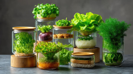 This captivating arrangement features a variety of fresh leaves and herbs displayed in glass jars with wooden lids, showcasing vibrant green colors and natural beauty.の素材