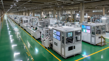 A spacious factory workshop featuring advanced robotics and automated machinery. The modern facility showcases precision in manufacturing processes and technology integration.の素材