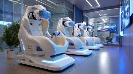 A modern virtual reality gaming station showcasing advanced high-tech chairs and headsets, designed for immersive gaming experiences in a sleek interior.の素材