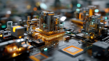 A vibrant digital landscape showcasing a futuristic cityscape built on a detailed circuit board, illuminated by glowing microchips and intricate technology.の素材