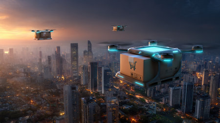 A group of futuristic drones carrying packages flies over a vibrant cityscape at sunset, showcasing modern logistics, technology, and commerce innovations.の素材