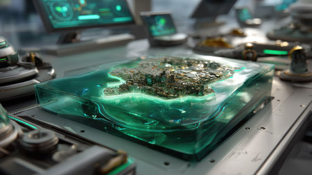 A detailed futuristic city model displayed in a transparent medium, showcasing innovative technology and digital interfaces for urban development and planning.の素材