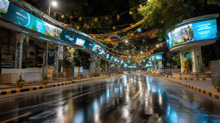 This vibrant street scene captures a serene urban atmosphere at night, showcasing illuminated displays and vivid decorations reflected on a wet road.の素材