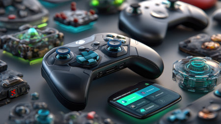 A captivating close-up view of various gaming controllers and devices, highlighting their advanced technology and modern design, perfect for gaming enthusiasts.の素材