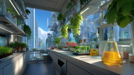 This modern kitchen features an urban garden view that merges nature with innovation. Bright herbs and vegetables adorn the workspace, promoting healthy living.の素材