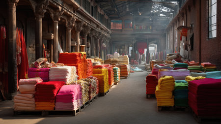 This captivating image showcases a historic warehouse filled with vibrant stacks of colorful fabrics, illuminated by soft morning light. The atmosphere reflects a rich tradition of textile craftsmanship and commerce.の素材