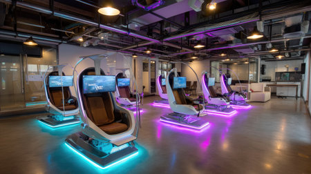 Explore a sophisticated gaming lounge featuring advanced virtual reality pods, stylish lighting, and an inviting atmosphere perfect for socializing and gaming.の素材