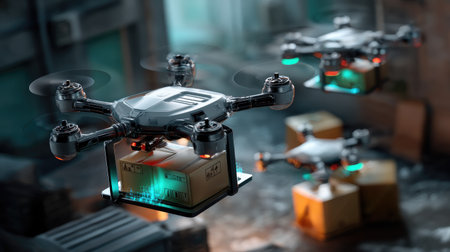 Explore the innovative world of delivery drones as they transport packages effortlessly in a modern warehouse, showcasing advanced technology and efficiency.の素材