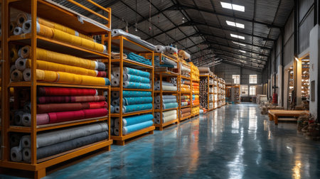 A vibrant textile warehouse filled with neatly organized fabric rolls in various colors, showcasing a modern interior and inviting atmosphere for creative projects.の素材