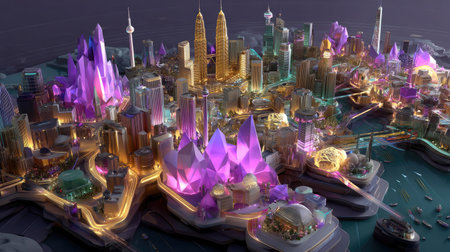 This vibrant digital cityscape features futuristic structures and colorful crystal formations, illuminated beautifully at night. A stunning blend of art and technology.の素材