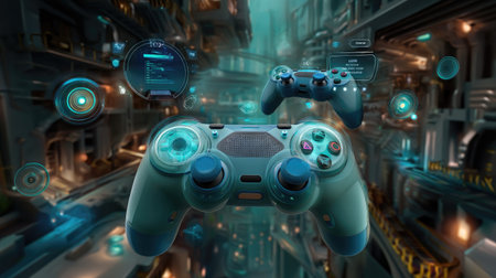 This striking image showcases a high-tech game controller set against a futuristic cyberpunk backdrop, featuring neon lights and advanced technology elements.の素材
