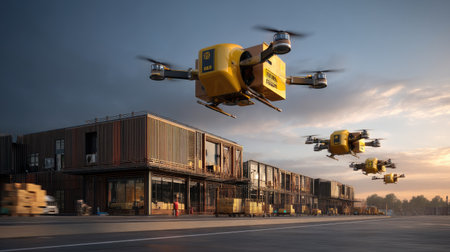 A group of delivery drones navigates above a modern warehouse during sunset, showcasing innovative logistics solutions in an urban landscape.の素材