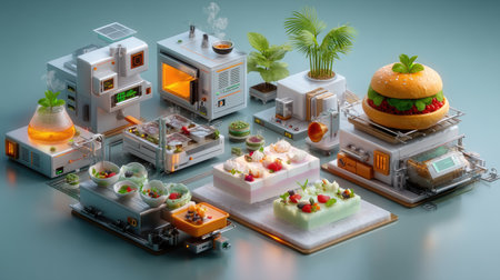 Explore a vibrant kitchen environment showcasing advanced technology for food production, merging culinary creativity with futuristic design elements.の素材