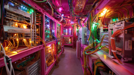 Explore a striking interior of a data center filled with colorful cables and glowing lights, representing the dynamic world of technology and innovation.の素材