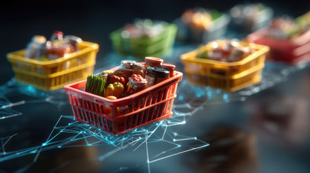 A vibrant 3D illustration depicting colorful grocery baskets filled with fresh produce and goods, set against an abstract digital background, symbolizing modern shopping.の素材