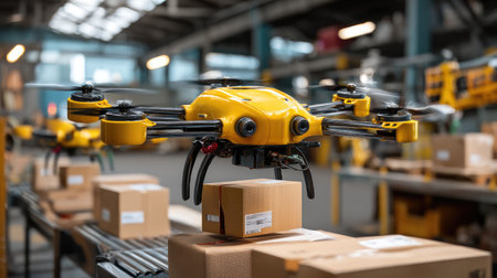 A yellow drone is seen hovering over cardboard boxes in a spacious industrial warehouse, showcasing modern automation and logistics technologies.の素材