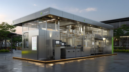 This modern sustainable food kiosk features a sleek glass structure with metal elements, perfect for urban dining experiences at sunset. It showcases innovative food technology and eco-friendly design.の素材