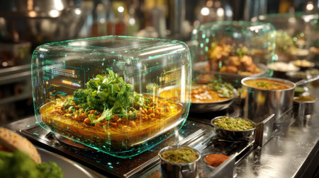 This captivating image showcases a futuristic kitchen environment with transparent food storage containing vibrant dishes, highlighting innovation in culinary presentation.の素材