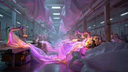 A captivating scene in a modern textile workshop showcasing flowing fabrics illuminated with vibrant colors, alongside robotic arms in action, blending technology and creativity.の素材